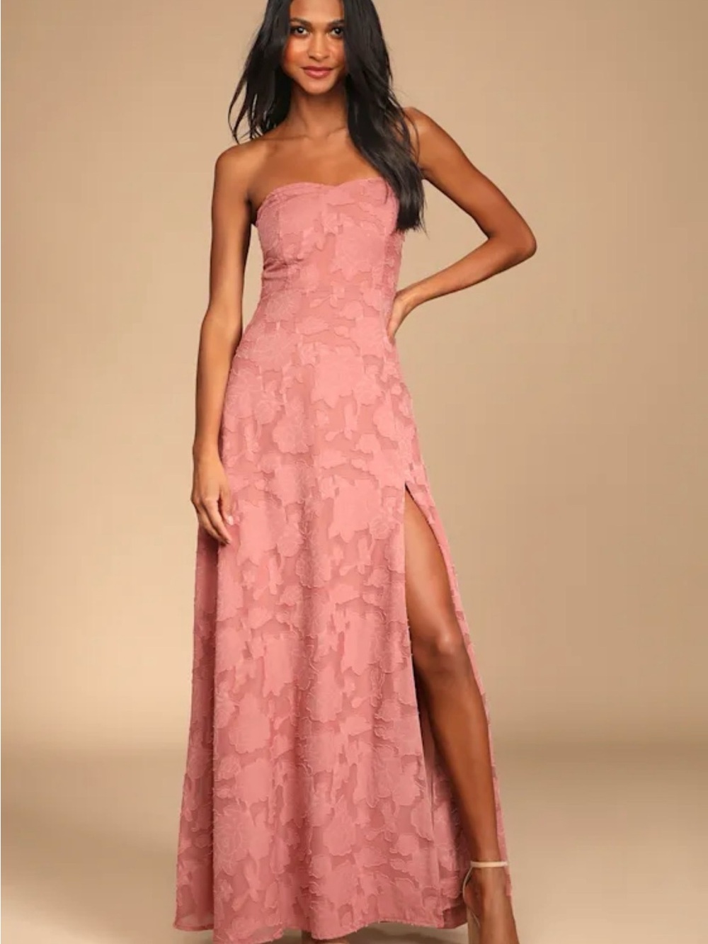 Lulu's Dusty Rose Strapless Lace Maxi Gown with Side Slit